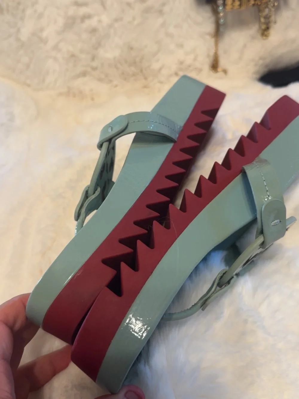 Tory Burch Seafoam Patent Miller Lug Flip Flop with Red Sole
